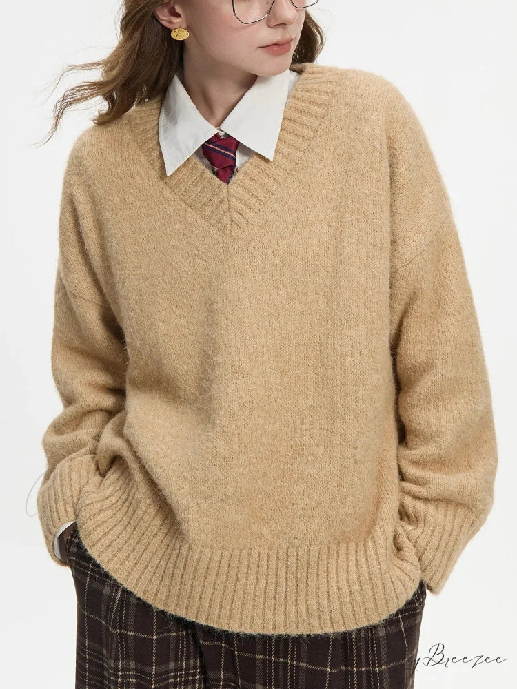 V-neck Pullover Wool Warm Sweater Khaki / XS swraters-241228