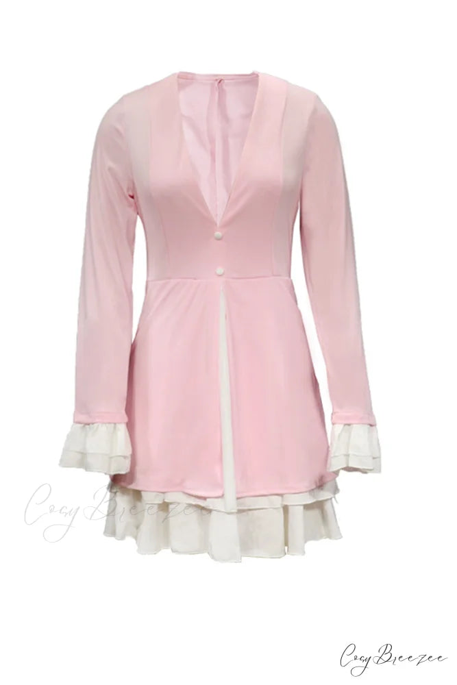 V Neck Ruffle Dress with Fake Two-Piece Design
