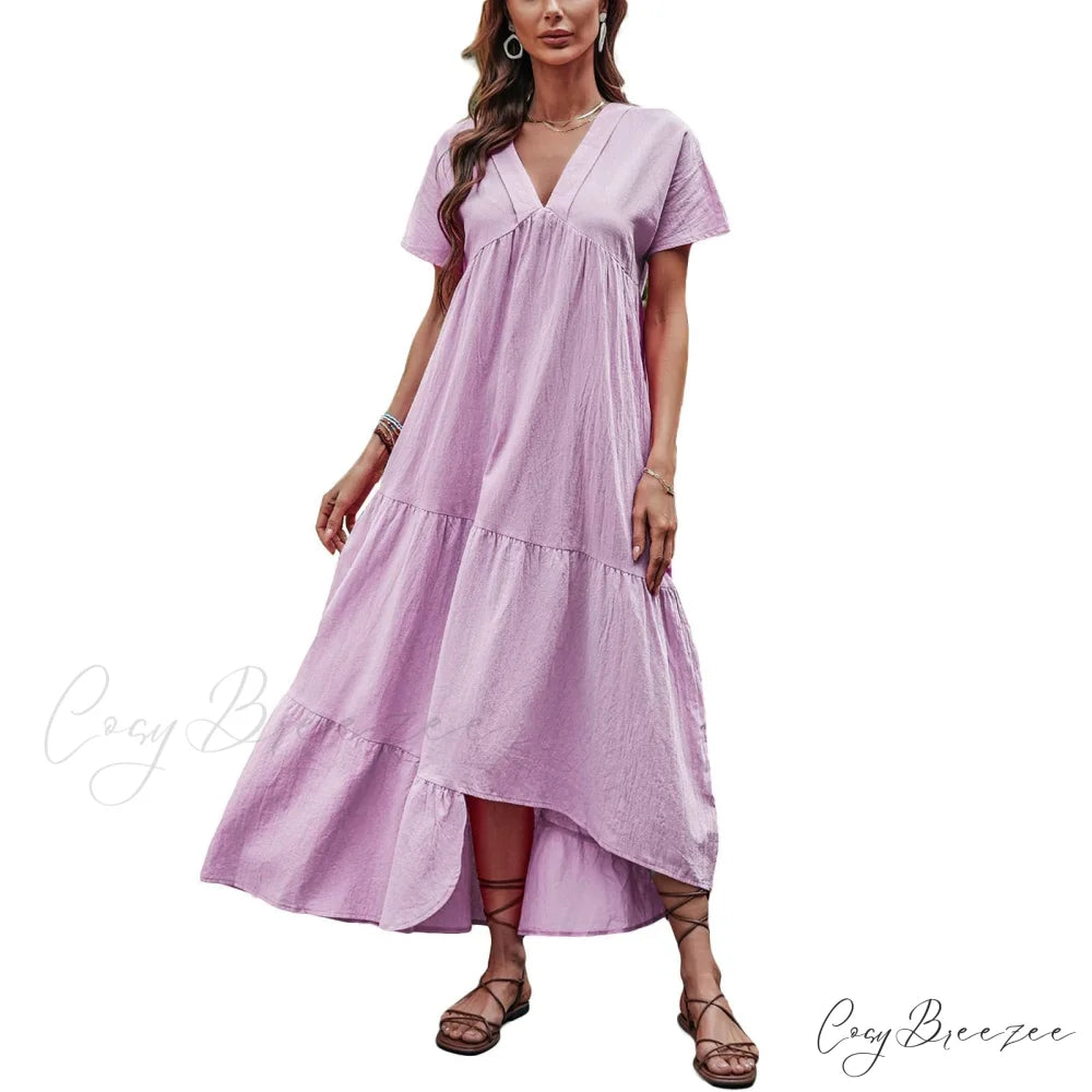 V Neck Ruffle Hem Smock Dress S / Purple