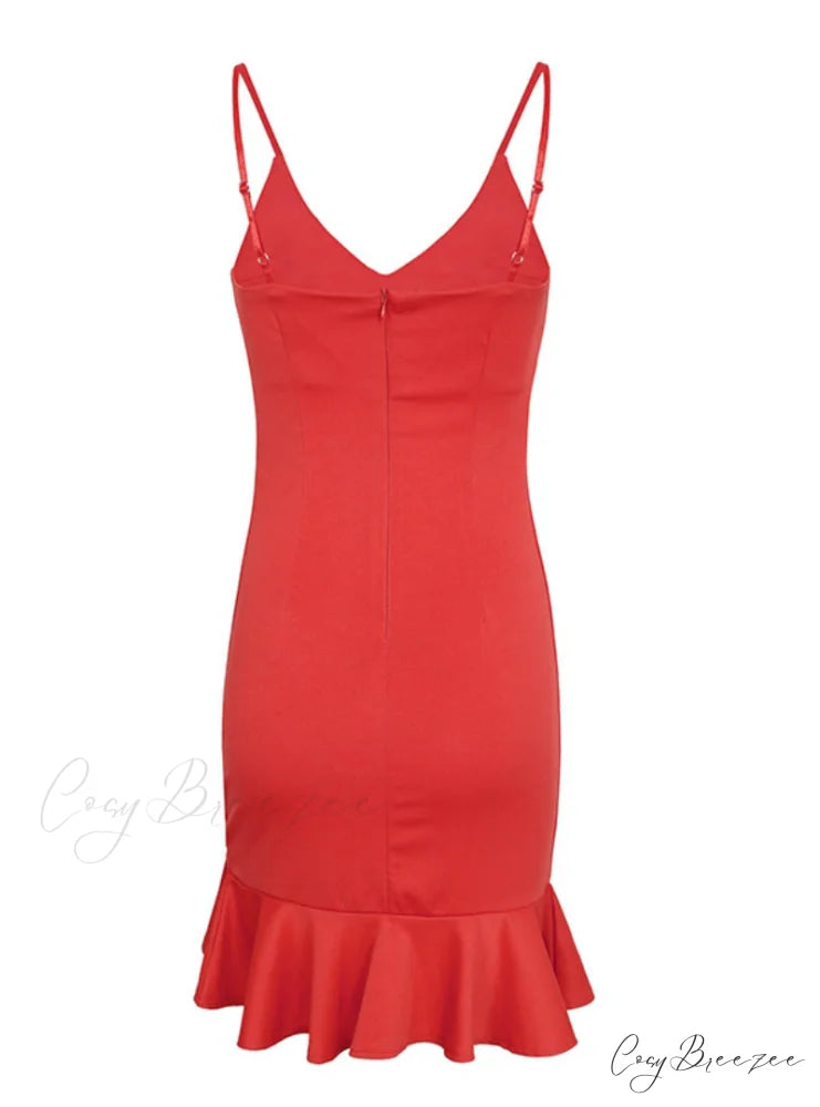 V Neck Ruffle Strap Mini Dress for Women M / Yellow