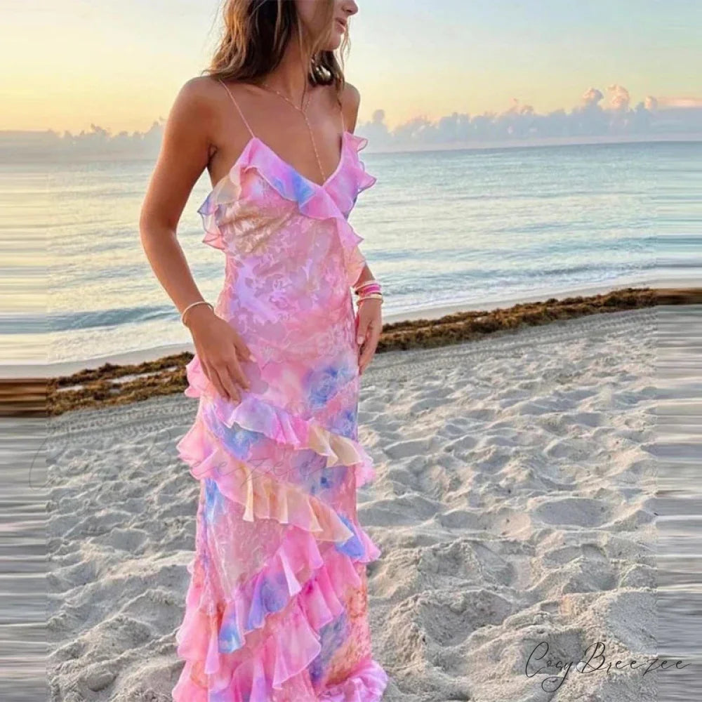 V-Neck Ruffled Floral Print Vacation Dress pink / S vacationdress-250223