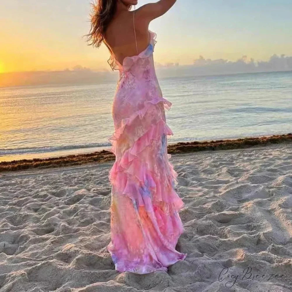 V-Neck Ruffled Floral Print Vacation Dress vacationdress-250223