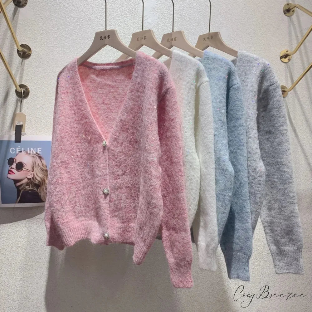 V-neck Sequin Sparkling Cardigan Pink / One Size