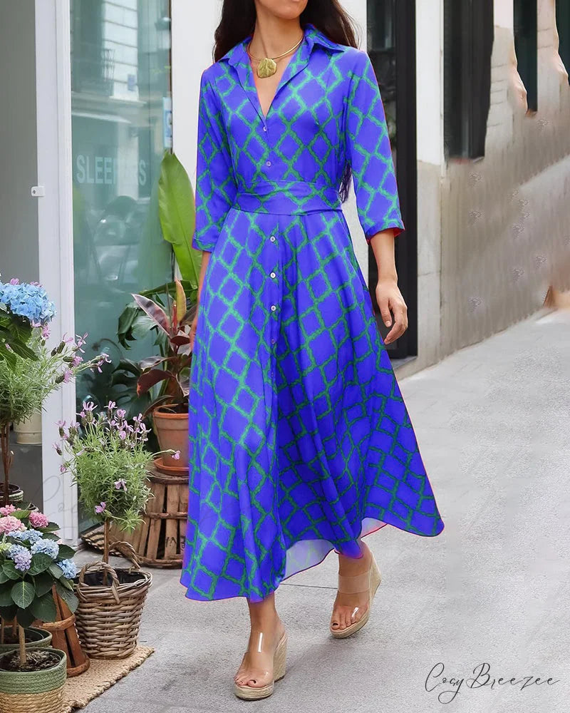 V-neck Shirt Dress with 3/4 Sleeves Blue / S