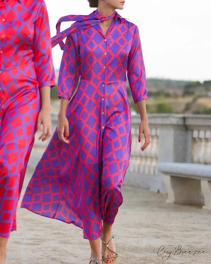 V-neck Shirt Dress with 3/4 Sleeves Purple / S