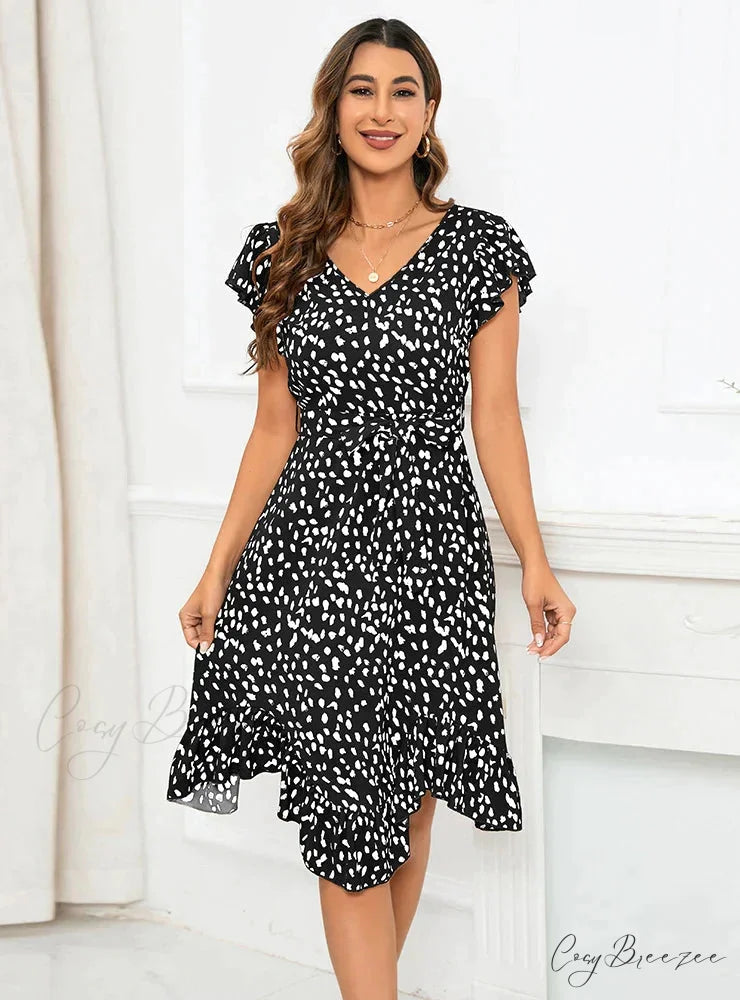 V-Neck Short Sleeve Leopard Print Irregular Dress M / blue