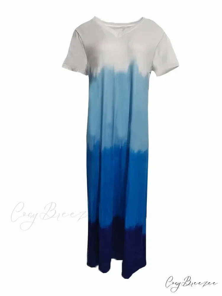 V Neck Short Sleeve Maxi Beach Dress with Gradient Color Side Split L / Blue
