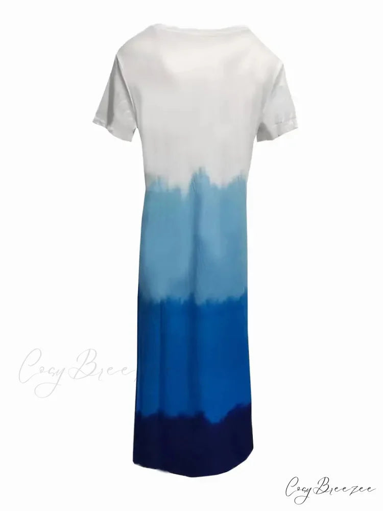 V Neck Short Sleeve Maxi Beach Dress with Gradient Color Side Split M / Blue