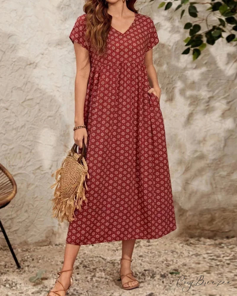V-neck short sleeve maxi dress Red / S