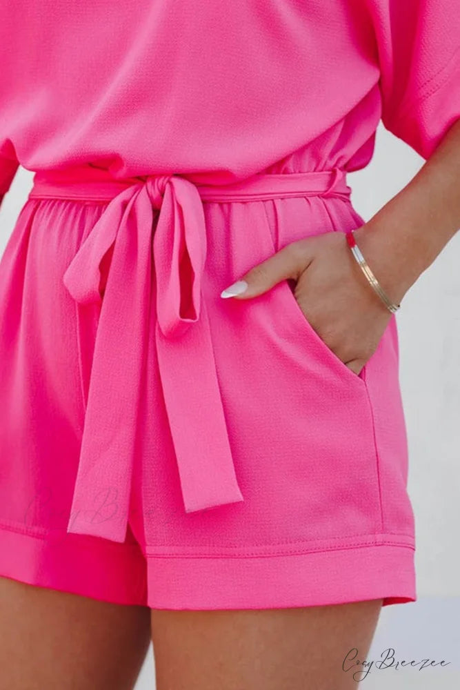 V Neck Short Sleeve Rompers with Tie-waist