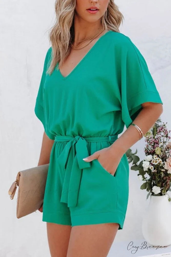 V Neck Short Sleeve Rompers with Tie-waist Green / M