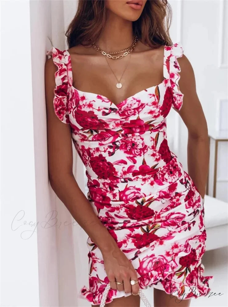 V-neck Sleeveless Frilled Floral Printed Bodycon Dress Rose Red / S floraldress-250126