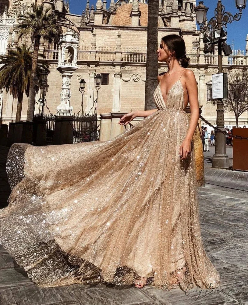 V-Neck Sling Long Dress Prom Dress apricot / S promdress-250223