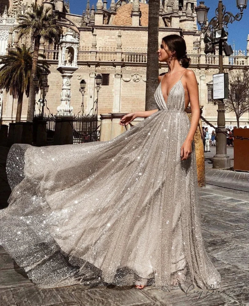 V-Neck Sling Long Dress Prom Dress silver / S promdress-250223
