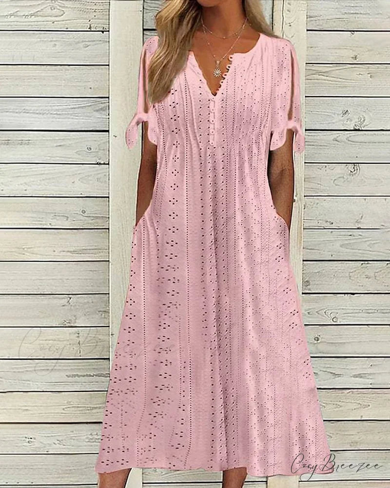 V-neck solid color dress Pink / S
