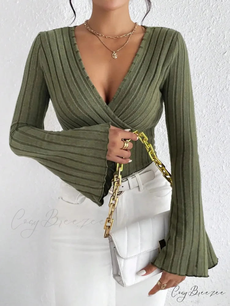 V-neck Striped Long Sleeve Knit Sweater green / XS swraters-241228