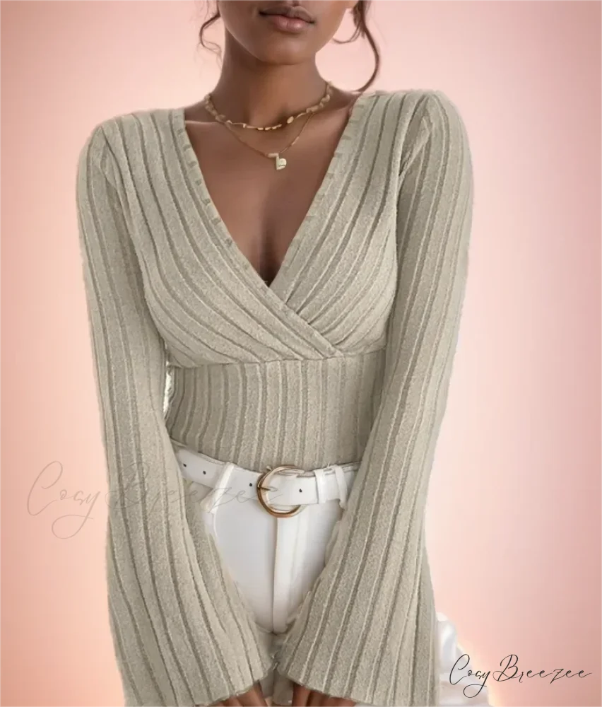 V-neck Striped Long Sleeve Knit Sweater swraters-241228