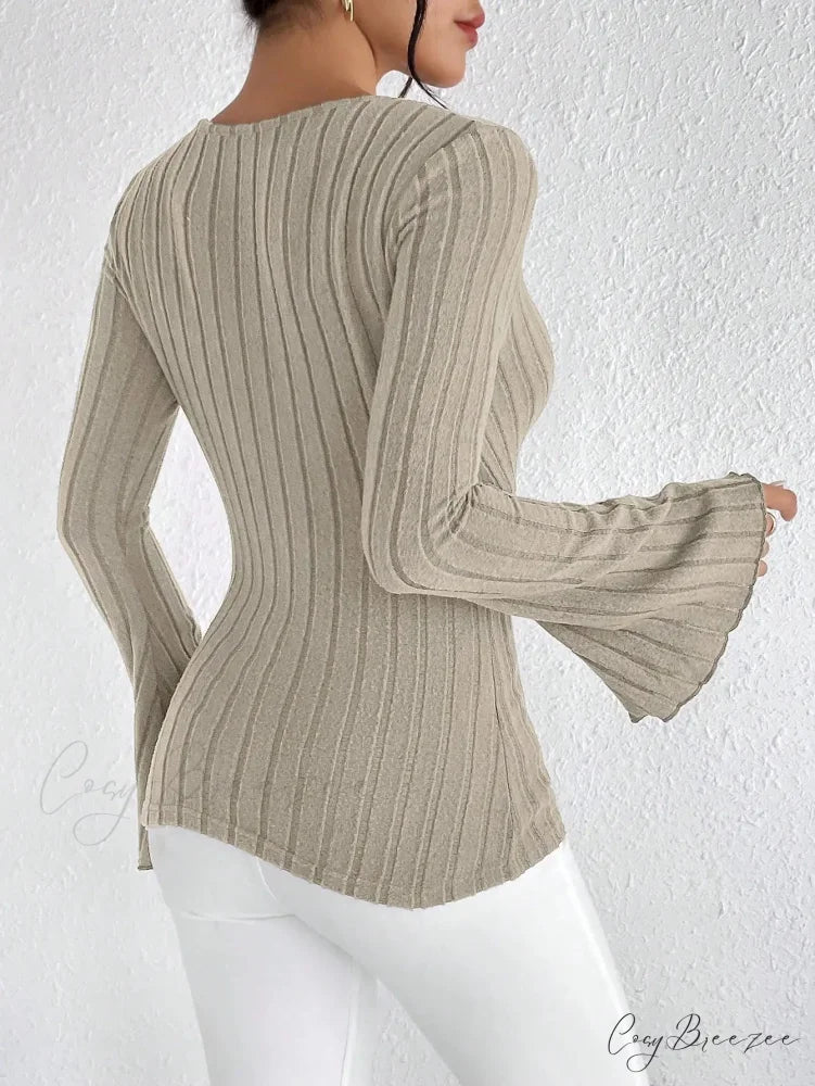 V-neck Striped Long Sleeve Knit Sweater swraters-241228