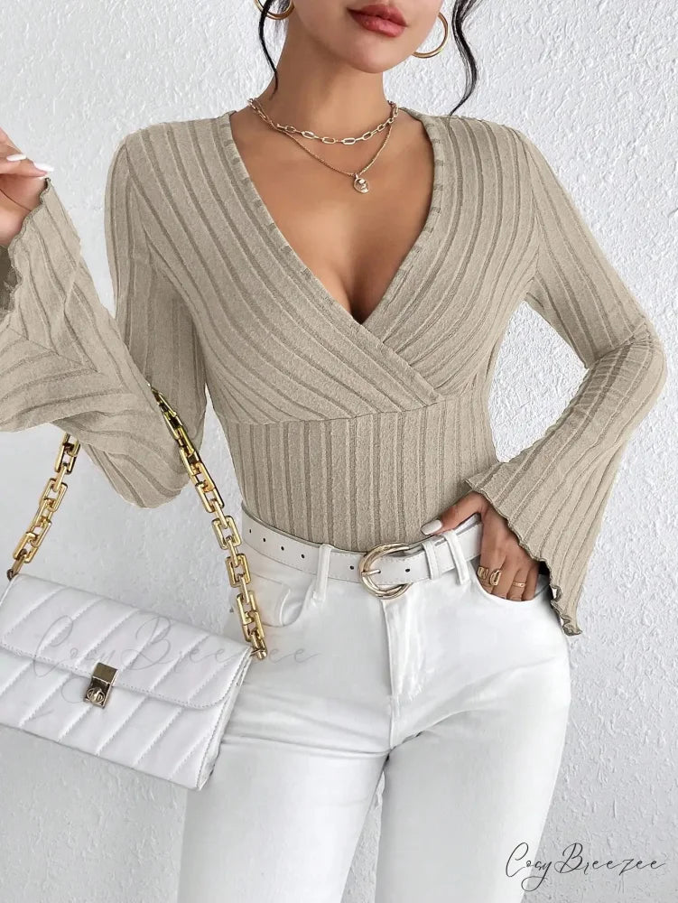 V-neck Striped Long Sleeve Knit Sweater swraters-241228