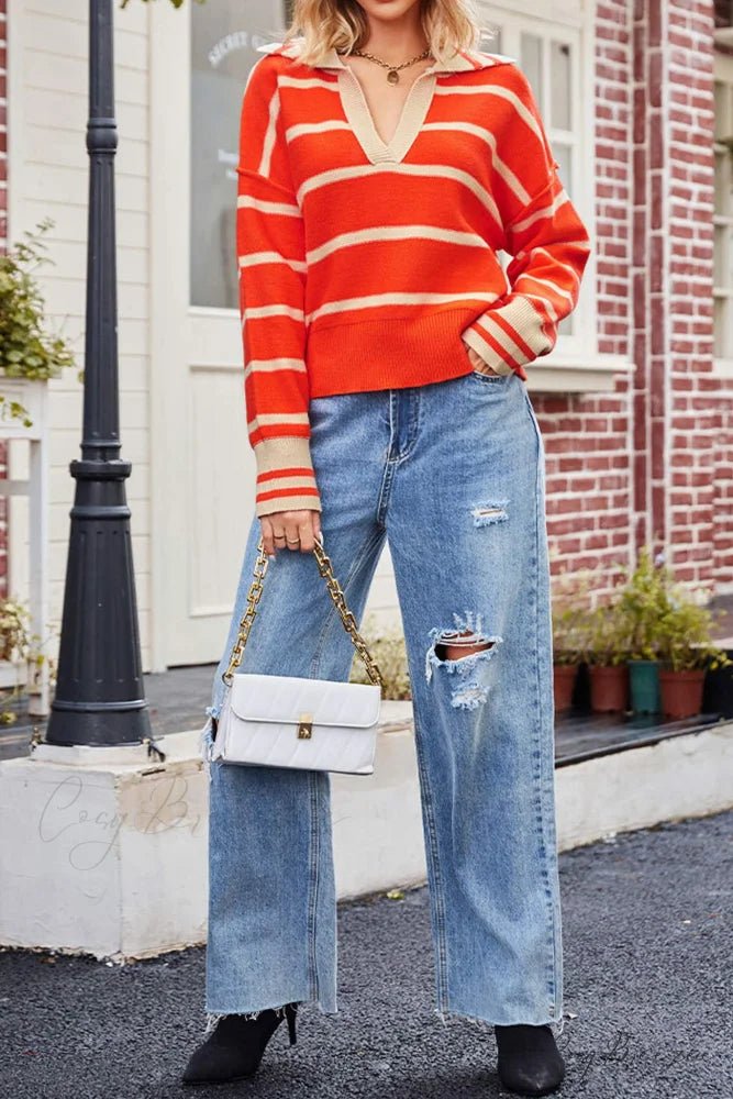 V-neck Striped Sweater with Lapel Orange / L