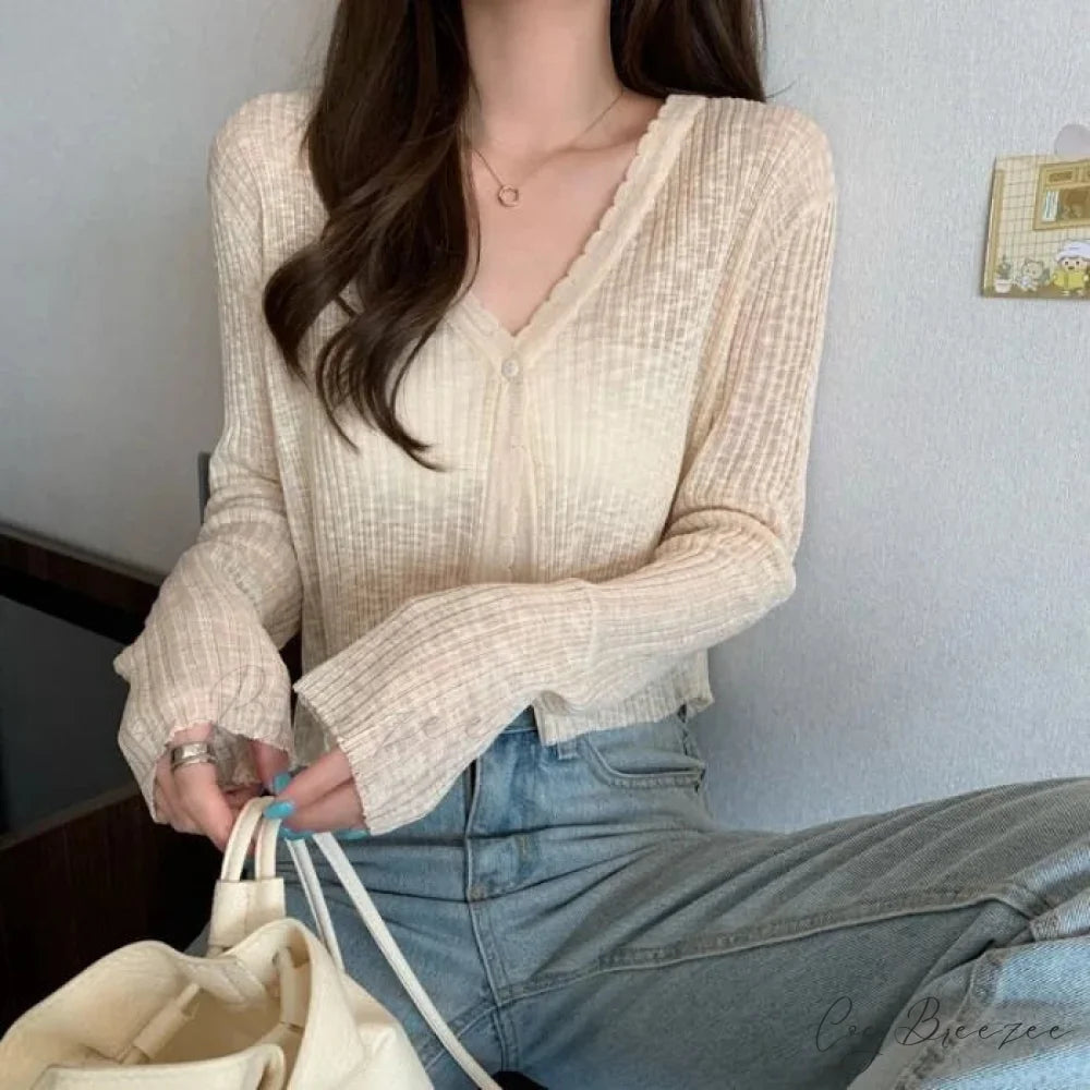 V-Neck Thin Sunscreen Korean Style Knit Summer Cardigan Apricot / One Size cardiagn-250126