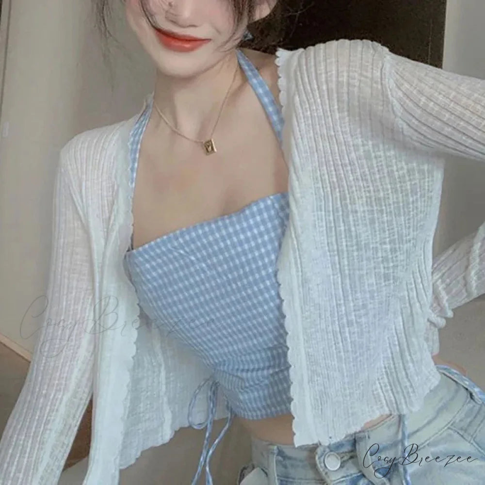 V-Neck Thin Sunscreen Korean Style Knit Summer Cardigan White / One Size cardiagn-250126