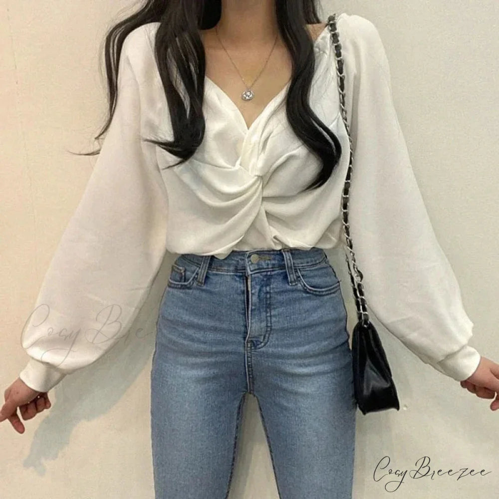 V-neck Twisted Lantern Sleeve Solid Casual Crop Top blouse-250126