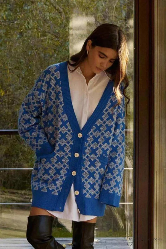 V Pattern Geometric Neck Cardigan Blue / S