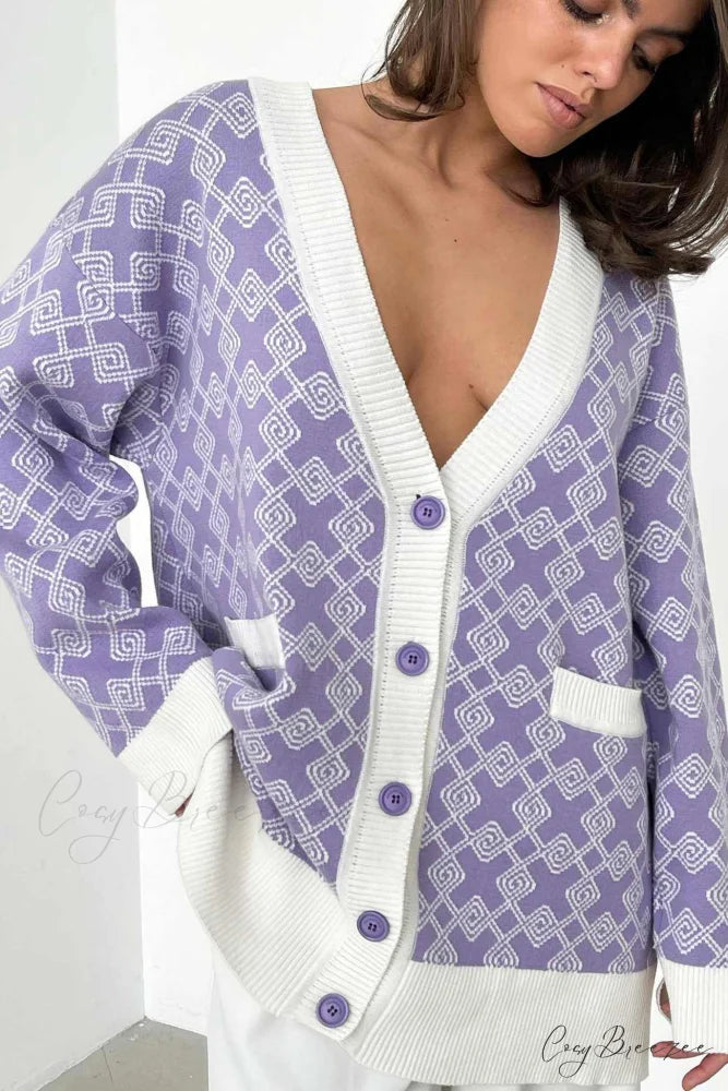 V Pattern Geometric Neck Cardigan Purple / S