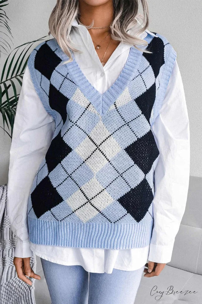 V Sweater Tank Checked with Knit Neck Blue / M