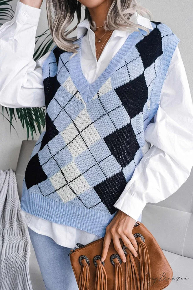 V Sweater Tank Checked with Knit Neck Blue / S