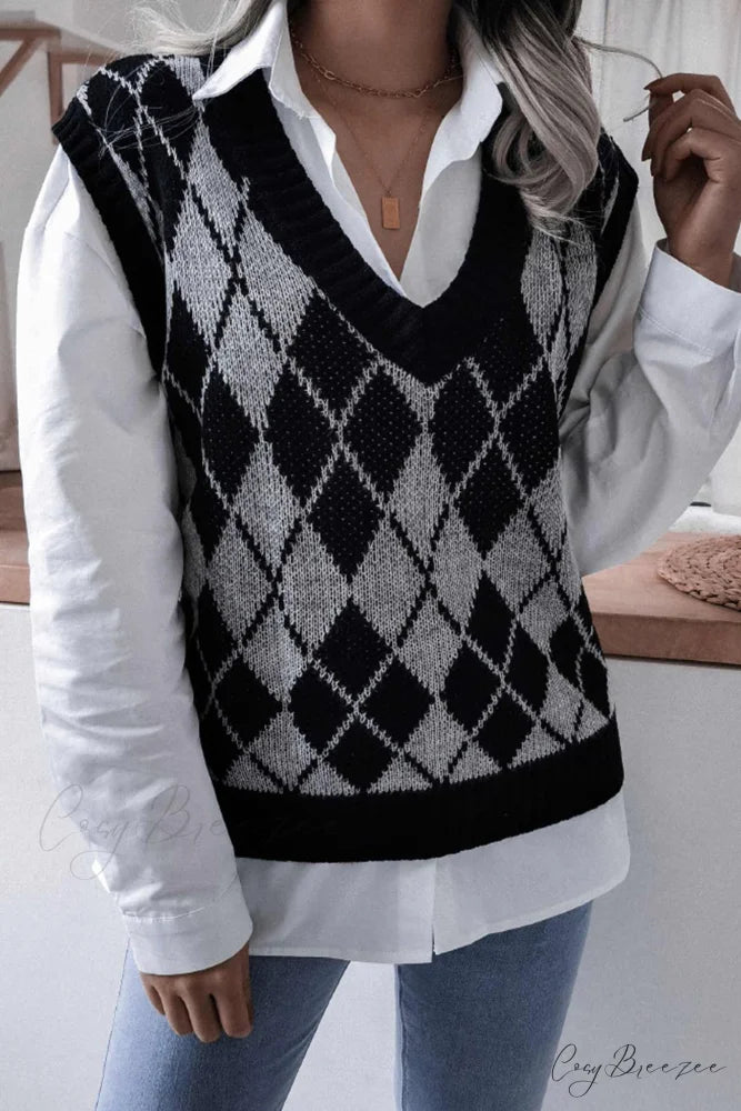 V Sweater Tank Checked with Knit Neck Grey / L