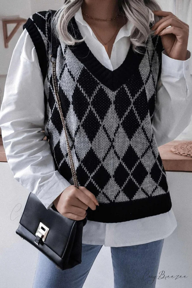 V Sweater Tank Checked with Knit Neck Grey / M