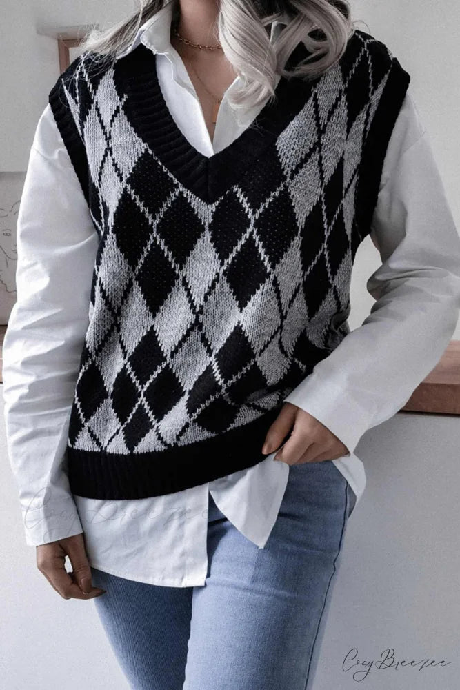 V Sweater Tank Checked with Knit Neck Grey / S