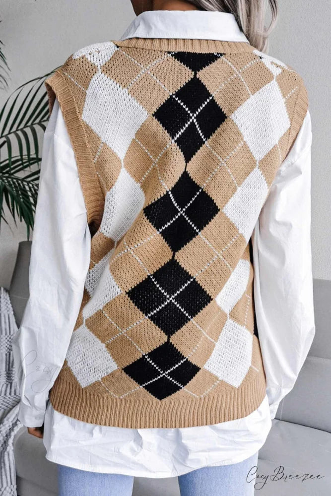 V Sweater Tank Checked with Knit Neck Khaki / L
