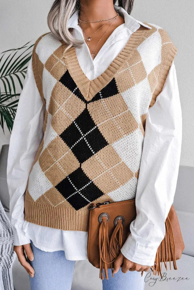 V Sweater Tank Checked with Knit Neck Khaki / M