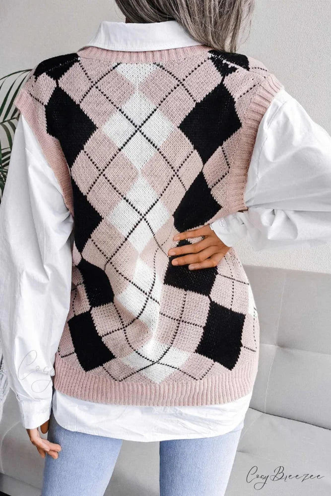V Sweater Tank Checked with Knit Neck Pink / L