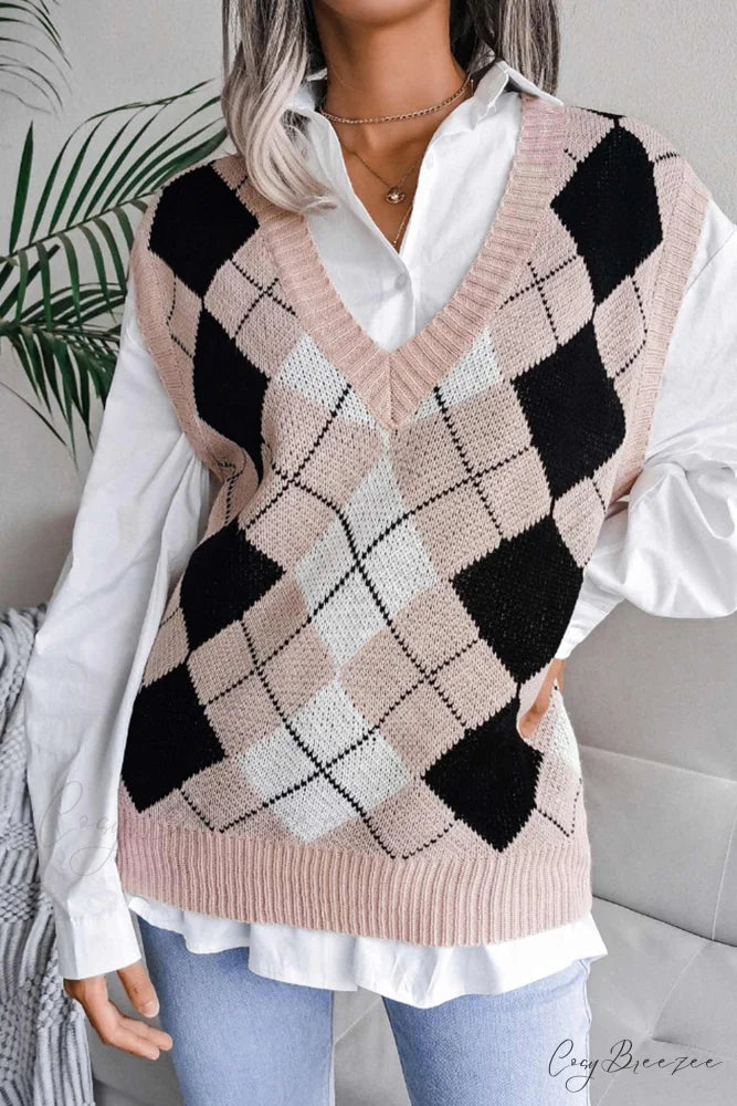 V Sweater Tank Checked with Knit Neck Pink / M