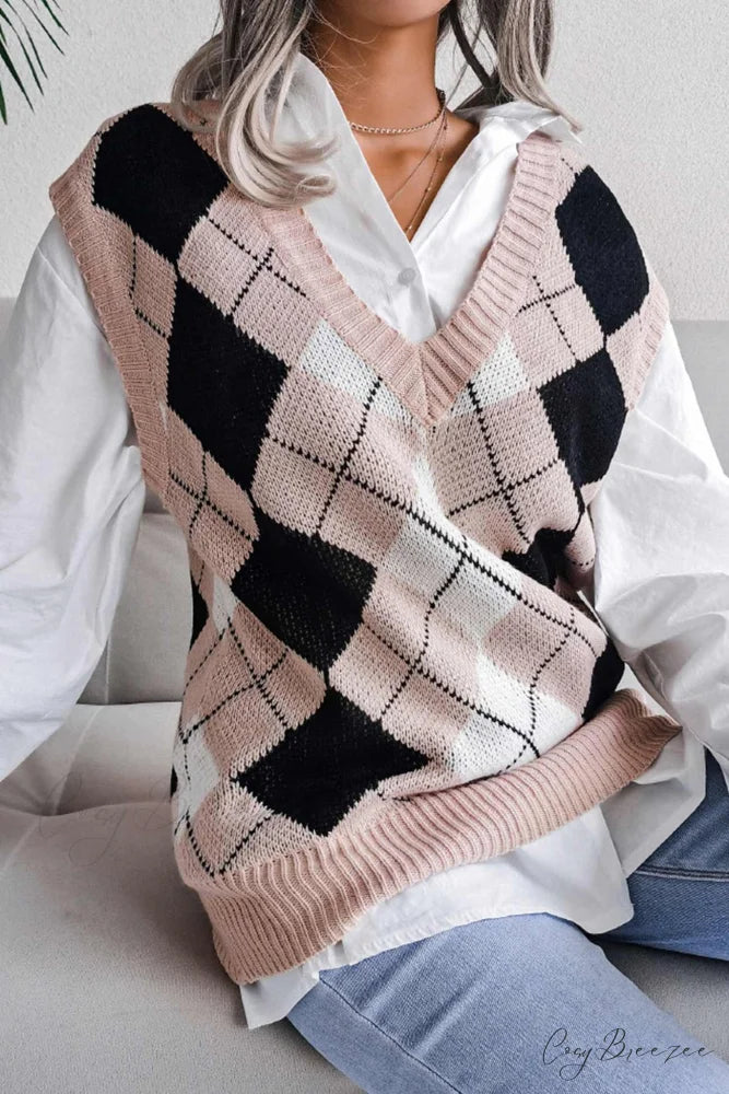 V Sweater Tank Checked with Knit Neck Pink / S