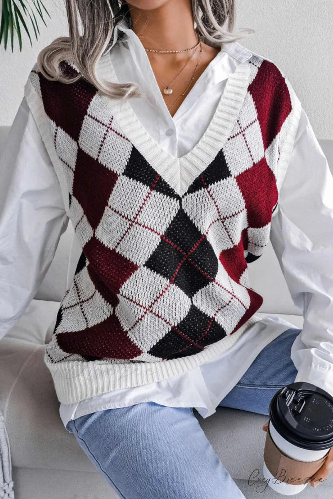 V Sweater Tank Checked with Knit Neck Red / S