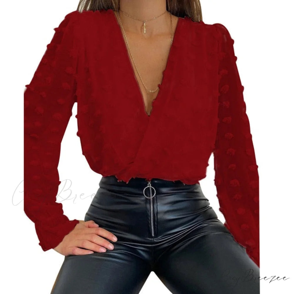 V Women Solid White Jacquard Dot Long Top Polka Arm Deep Fashion Neck Mesh Blouse Blouse United States / L / 867686 red