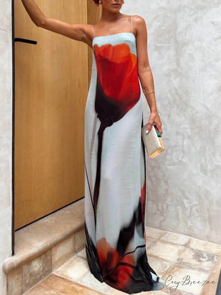 Vacation Abstract Tulip Print Graceful Slip H-Line Maxi Dress