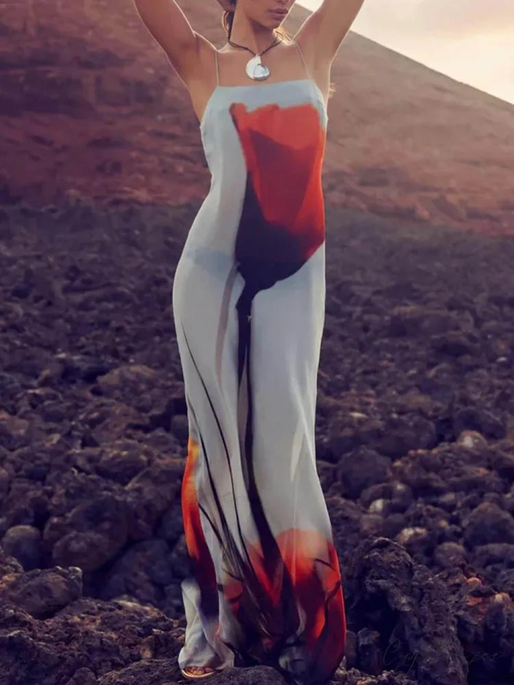 Vacation Abstract Tulip Print Graceful Slip H-Line Maxi Dress