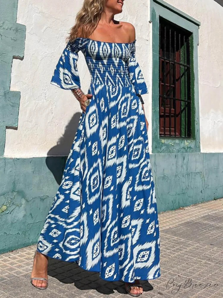 Vacation Ethnic Print Smocked Graceful Off Shoulder Pocketed Maxi Dress Blue / S