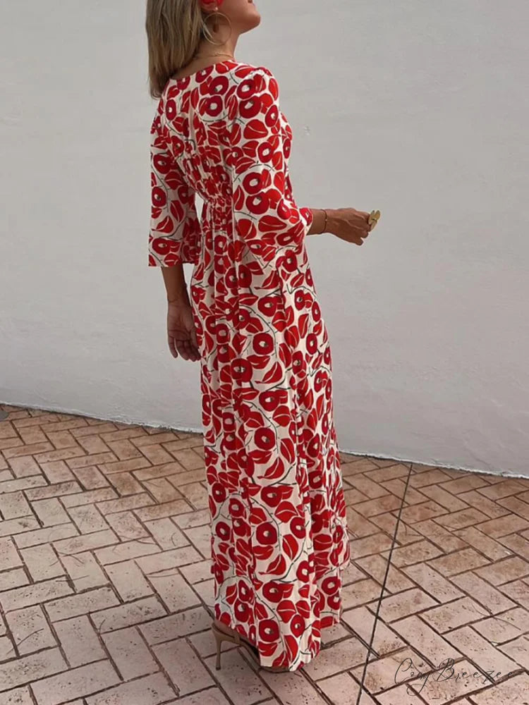 Vacation Floral Print Smocked Graceful Off Shoulder Pocketed Maxi Dress