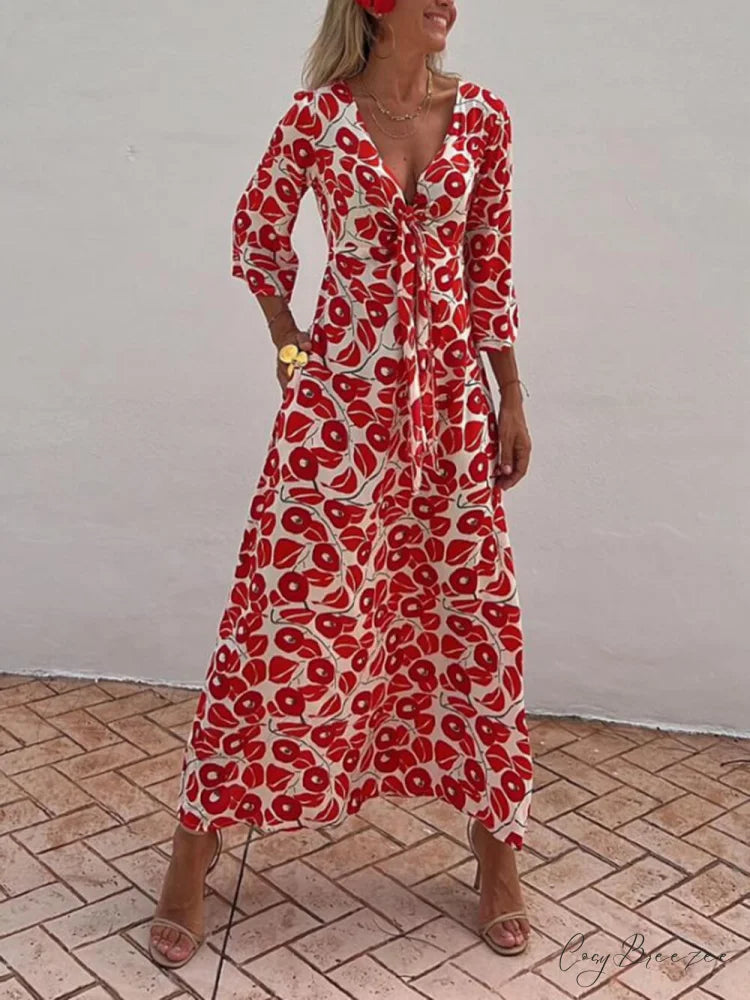 Vacation Floral Print Smocked Graceful Off Shoulder Pocketed Maxi Dress