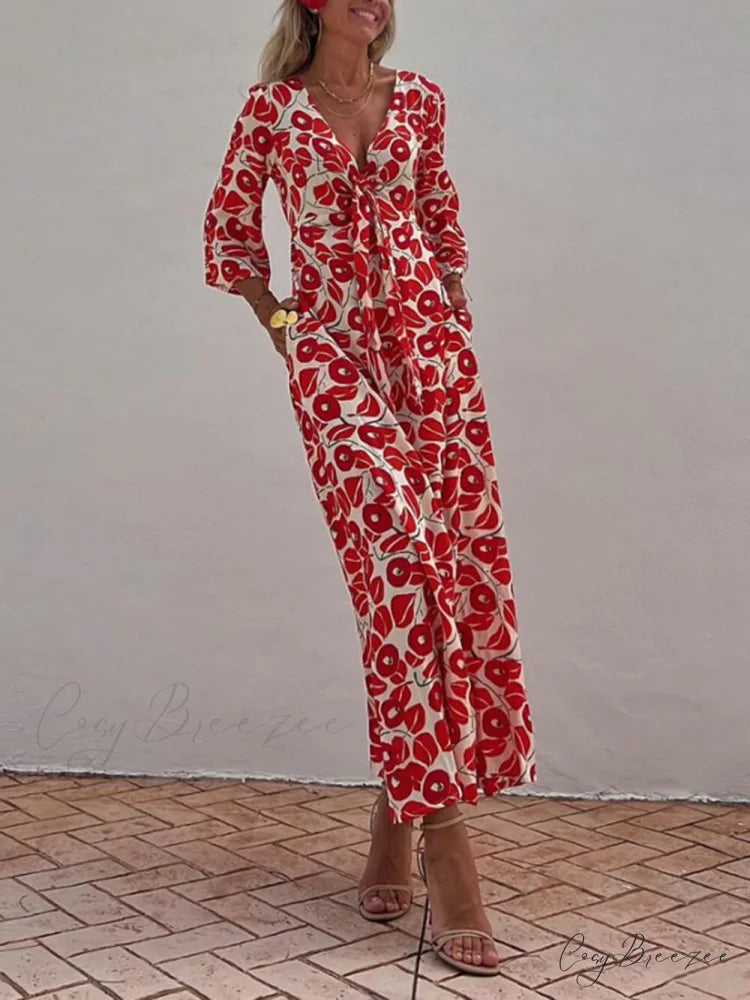 Vacation Floral Print Smocked Graceful Off Shoulder Pocketed Maxi Dress