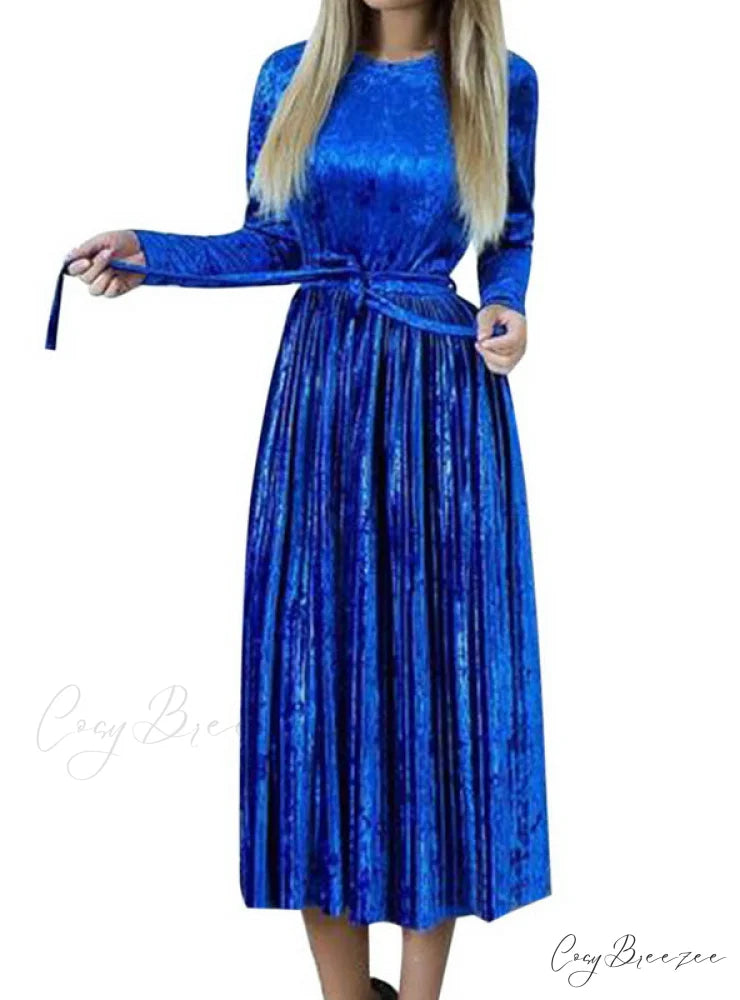 Velvet Dress with Long Sleeves and O-Neck for Women S / Khaki