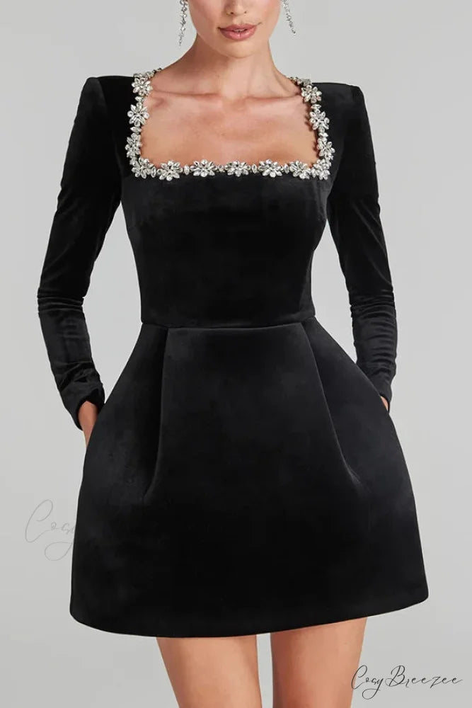 Velvet High Waist A-Line Party Dress Black styleA / S