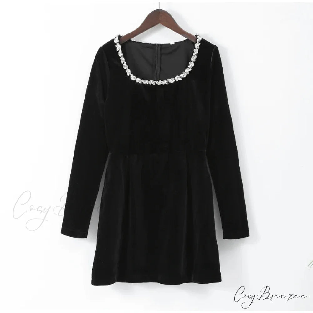 Velvet High Waist A-Line Party Dress Black styleB / S